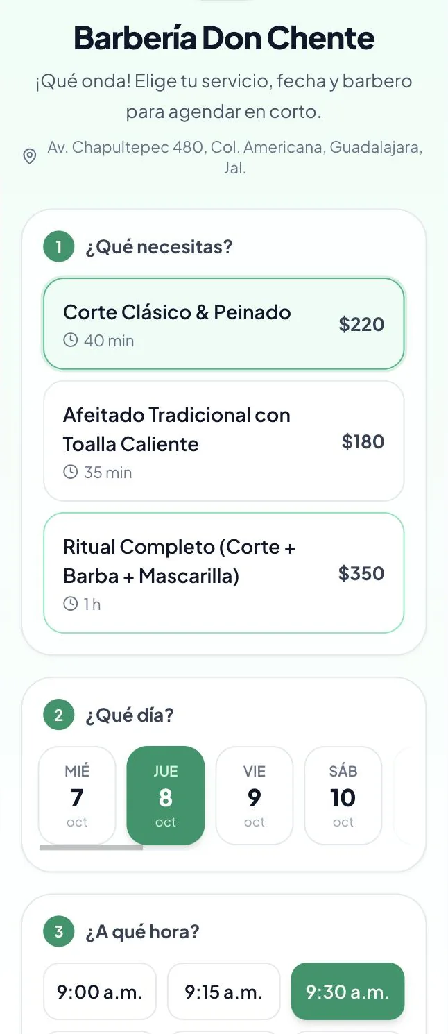 Agenda en línea: el cliente elige servicio, día y hora