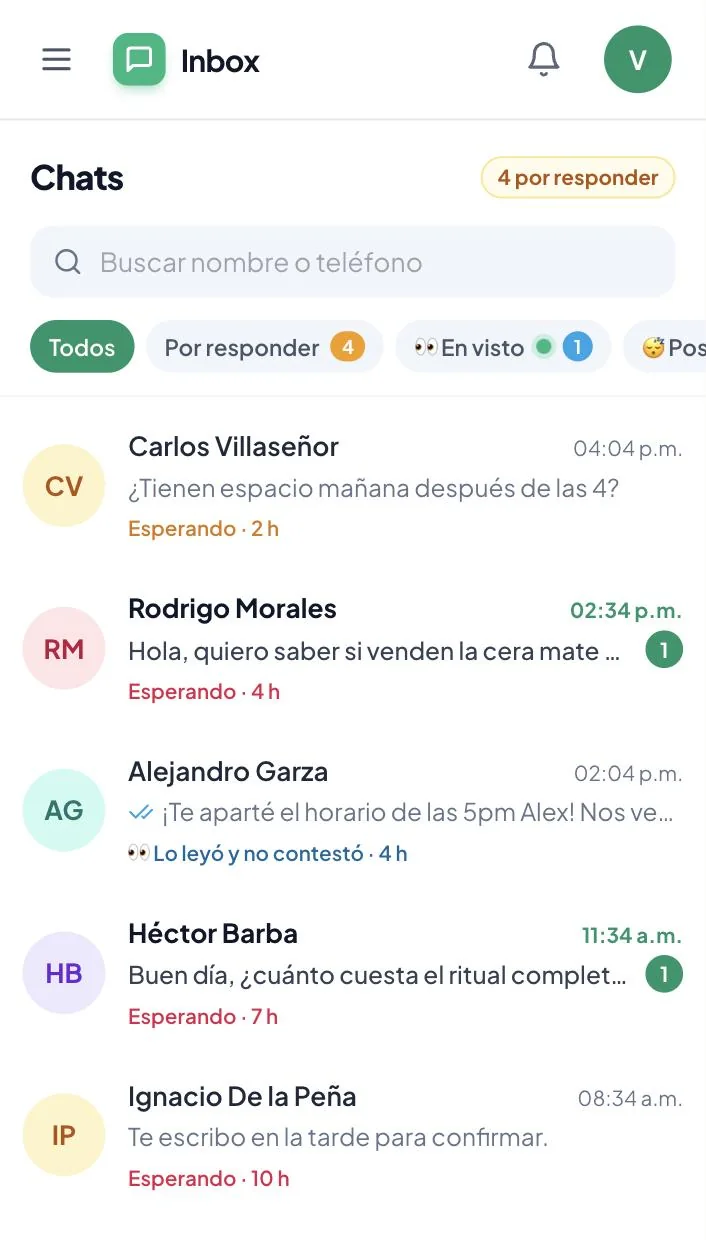 Bandeja de Marvaliz con los chats que esperan respuesta y los que te dejaron en visto